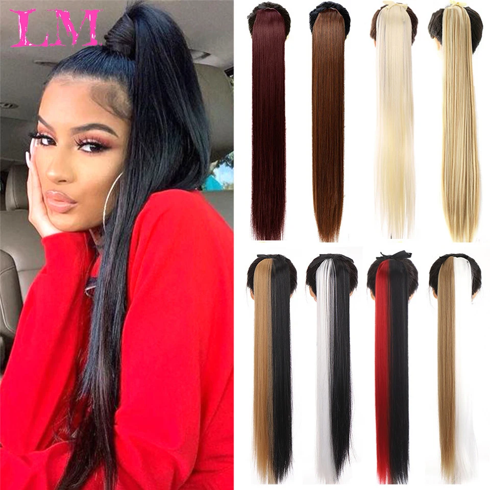 

LM Synthetic Fake Hair Pieces Afro Long Straight Drawstring Ponytail Hair Bun Pony Tail Clip in Hair Ponytail Extensions