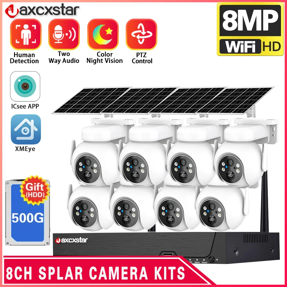 

4MP Solar Camera WiFi CCTV Surveillance Camera Waterproof Night Vision PTZ Two Way Audio PIR Human Detect 5MP 8CH WiFi NVR Kits