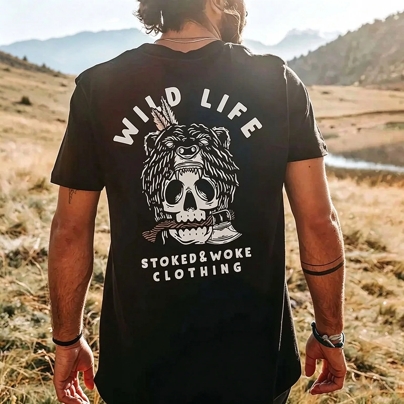 Biker Skull Reaper Bear Helmet Graphic Tee Retro Streetwear Black Crew Neck Casual Short Sleeve T-shirt