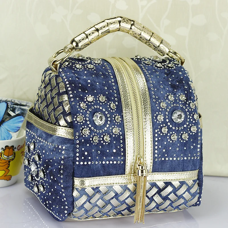 Women diamonds rhinestone PU leather Demin patchwork handbag Ladies Casual Shoulder Bag Messenger Bag Fashion crossbody bag