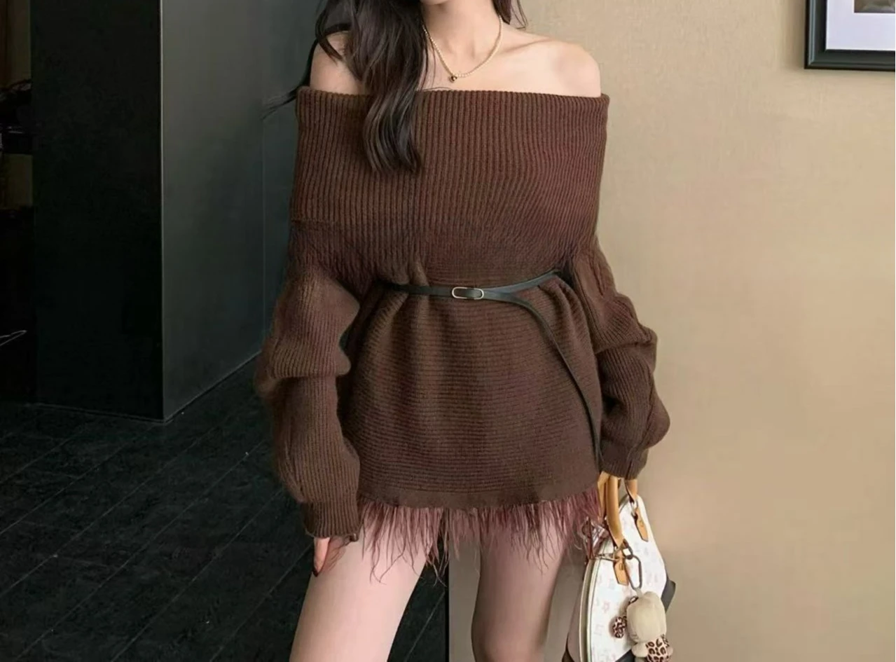 

2025 Autumn New Design Tassel Haired One Shoulder Knitted Sweater Women's Off Shoulder Top