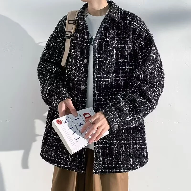 

Мужская вязаная клетчатая куртка большого размера, уличная трендовая осенне-зимняя верхняя одежда, повседневная одежда со стойкой, длинный свек