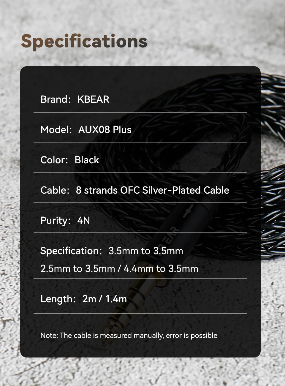 KBEAR AUX08 Plus 8-Kern Hochreines OFC Versilbertes Hi-Fi AUX-Kabel 3,5MM/2,5MM/4,4MM für Telefon/Computer zu Tragbarem Lautsprecher – Detail 8