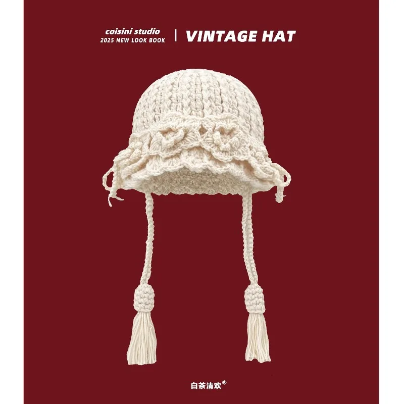 

New Retro Handmade Crochet Tassel Braid Pullover Hats for Women Autumn and Winter Travel Warm Versatile Sweet Beanies Cap