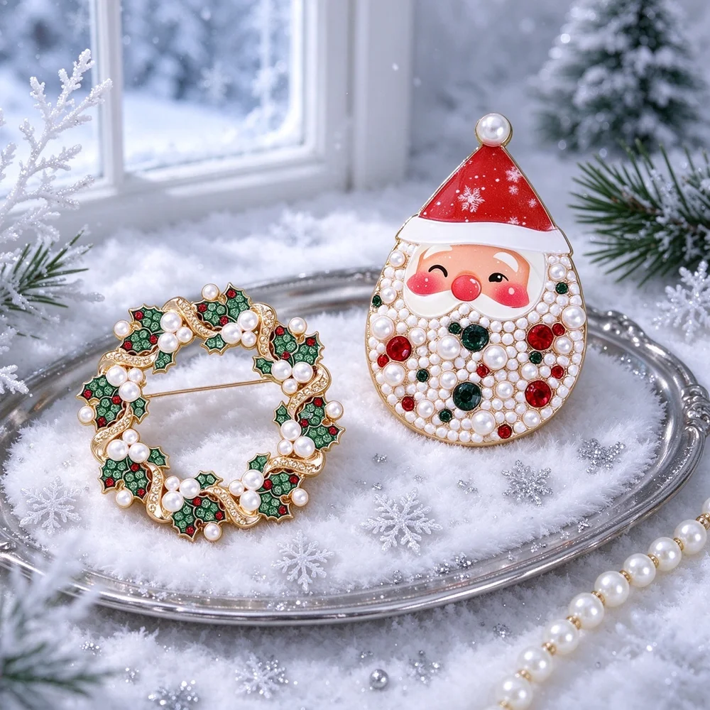 Christmas Santa Wreath Brooch Pearl Rhinestone Inlaid Enamel Lapel Pin Xmas Gnome Brooch Coat Scarf Holiday Party Accessory