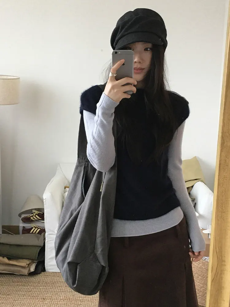 Korean Style Beautiful Blue Sleeveless Knitted Vest Women's Autumn Winter Unique Super Good Looking Inner Wear Layering Top