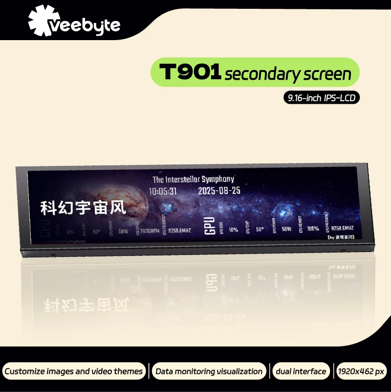 VEEBYTE T901 9.16 inch Screen Display IPS-LCD HD High Definition Custom Theme Data Monitoring 1920*462 Dual Interface