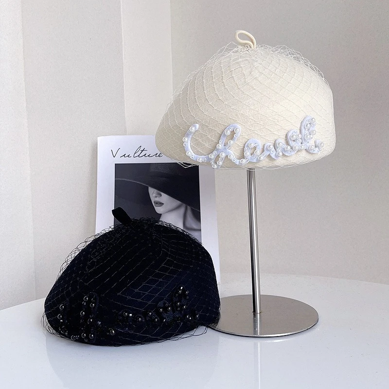 Winter Fashion Wool Beret Hat Women  Elegant White Black Pearl Lettered Netted Hat Fedora Cocktail Church Wedding Pillbox Hat