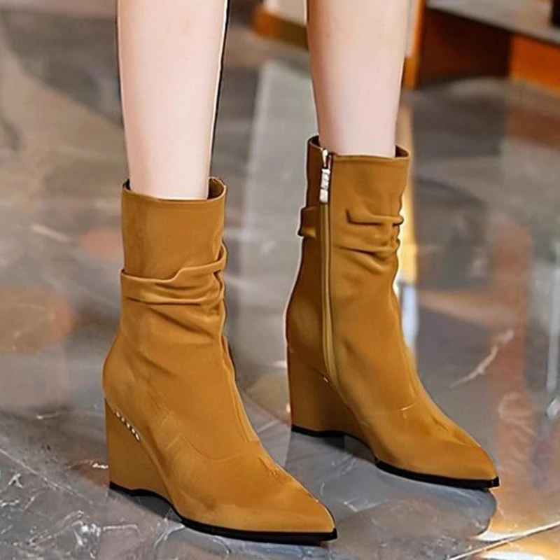 الشتاء النساء حذاء من الجلد أشار تو أسافين مضخات الجلد المدبوغ أحذية أنيقة أحذية امرأة 2025 الاتجاه الجديد فستان حفلات الزفاف بوتاس فام #2