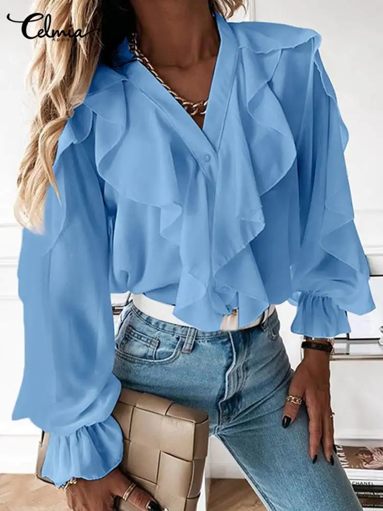 Celmia Women Ruffles Blouses 2023 Fashion Sexy V neck Tops Elegant Long Sleeve Flare Cuff Shirts Casual Button Up Party Blusas