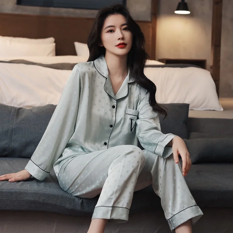 Lisacmvpnel Women 2022 New Spring And Summer Pajama Set Thin Ice Silk Wave Dot Jacquard Long Sleeved Home Clothes