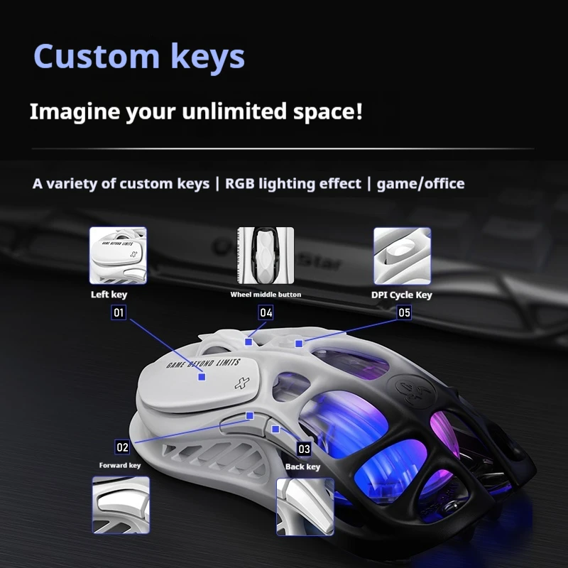 Imagem -04 - Gravastar Quebrandococoon Mouse Liga de Magnésio Oco sem Fio Bluetooth com Fio E-sports Gaming Mouse e Teclado