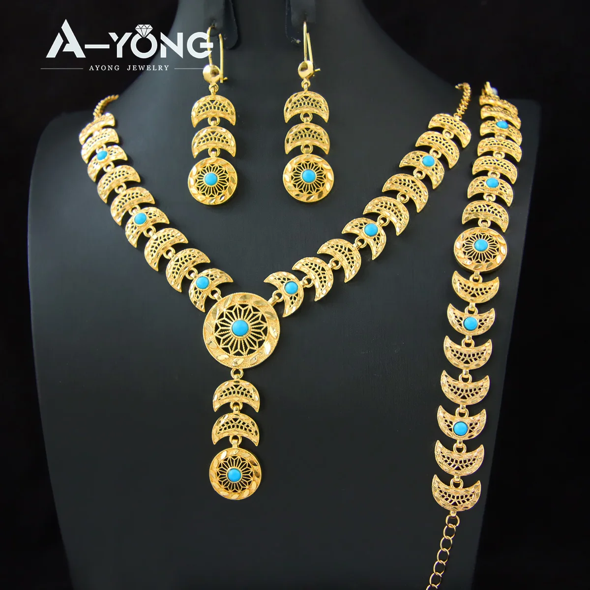 Dubai Gold Color Jewelry Set 21k Gold Plated Turquois Hollow Ethiopian Vintage Necklace Sets Women Bridal Wedding Jewelrys