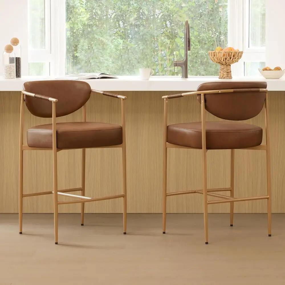 

Set of 2 Brown Leatherette Upholstered Bar Stools with Arms and Metal Legs, 27 Counter Height for Kitchen Island and Home Bar