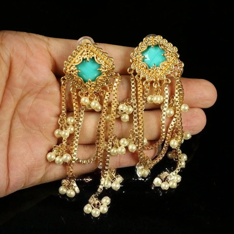 

NISHIZAWA Turquoise Pearls Earrings Woman Long Tassels Palace Style Hyperbole Aretes De Mujer Light Luxury Retro Jewelry