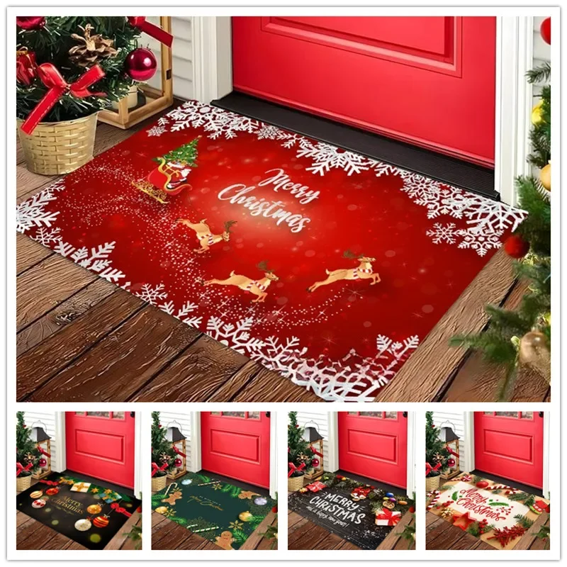 VIKAMA Red Christmas Doormat Santa Sleigh Reindeer White Snowflake Border Welcome Mat Xmas Front Entry Rug Holiday Decor