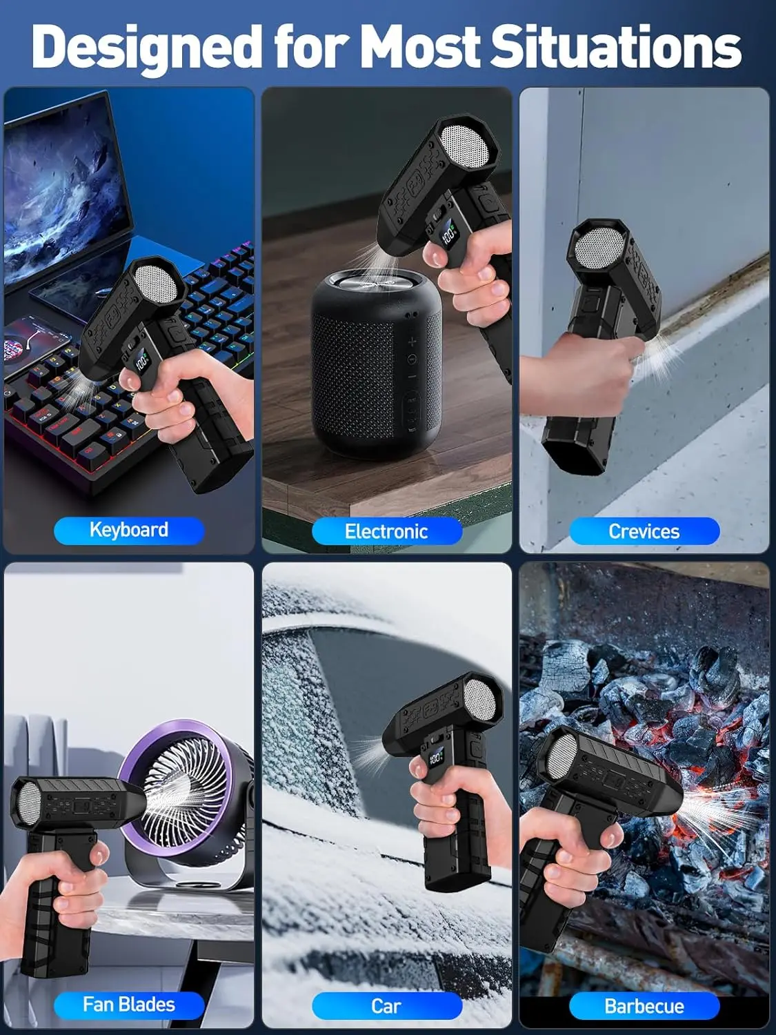 منفاخ هواء مضغوط 130K RPM منفاخ كهربائي لاسلكي مع ضوء LED، قابل للتعديل وقابل لإعادة الشحن للوحة المفاتيح والإلكترونيات والسيارة