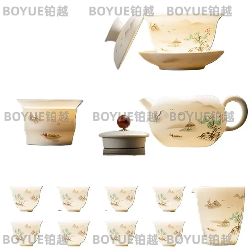 Jade White Porcelain Kung Fu Tea Set with Landscape Painting Elegant Ceramic Teaware Gift Box for Home Office Drinking