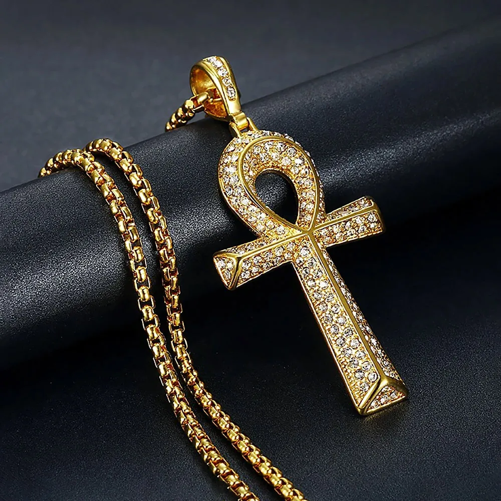 Ägyptischer Ankh Lebensschlüssel-Kreuzanhänger, zweifarbig plattiert, Hip-Hop-Bling-Anhänger für Herren und Damen, religiöses Accessoire, Schmuckgeschenk – Detail 5