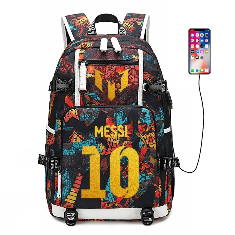 New Messi School Bags Black Notebook Backpack USB Charging Waterproof Women Men Laptop Casual Knapsack Trendy Cool High-capacity