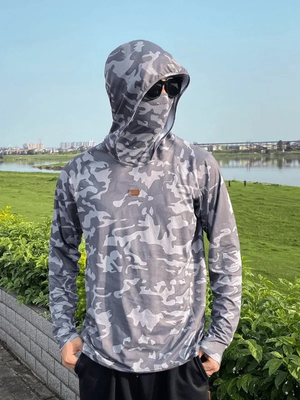 Men's Summer Outdoor Fishing Ice Silk Sun Protection Clothing Breathable Cool Feeling Long Sleeve Hat Design Thin Model