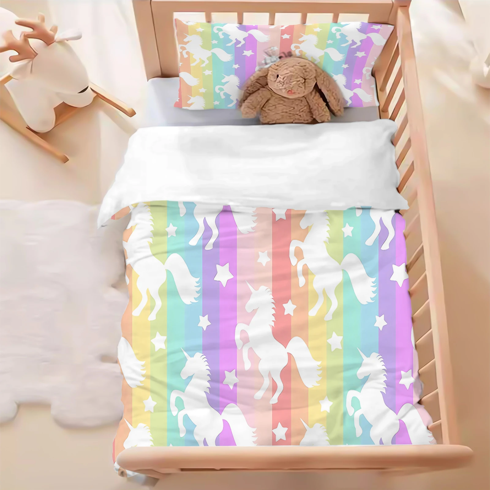 

Комплект постельного белья с рисунком единорога и радуги, 3D, детский, 2 предмета (без наполнителя)