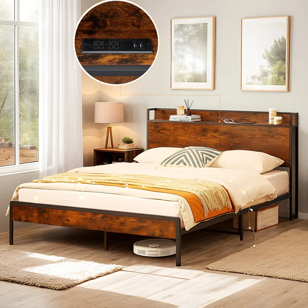 

PORKISS Full Size Bed Frame with Storage Headboard, Metal Bed Frame with Plug Outlets, USB, Brown
