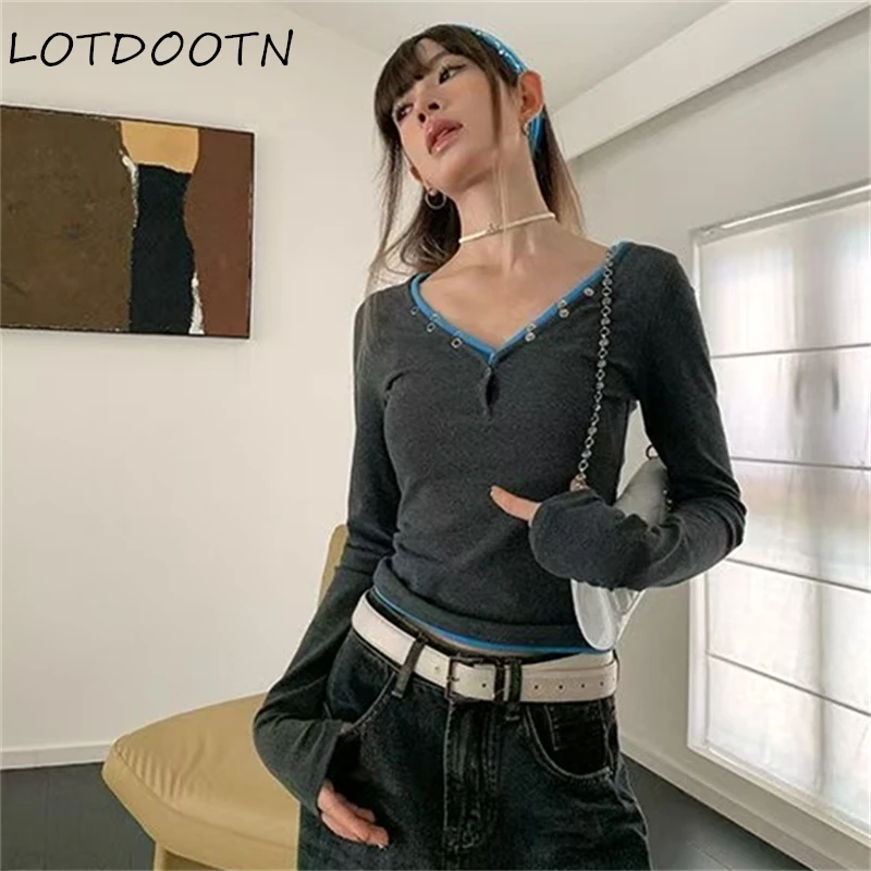 

LOTDOOTN Retro American Color Blo Long Sve Women Slim Fit Tops High Street Button Design Sensation Overhead Tops Casual Sle New