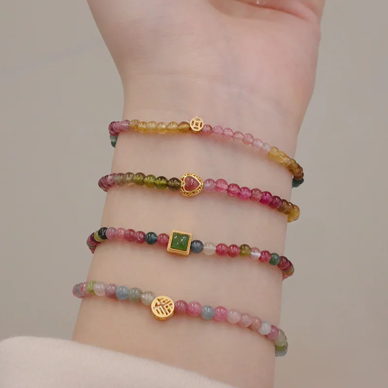 

Chinese Style Natural RainbowTourmaline Jewelry Stacked Rope Love Hand Jewelry Light Luxury Crystal Bracelet High-grade Jewelry