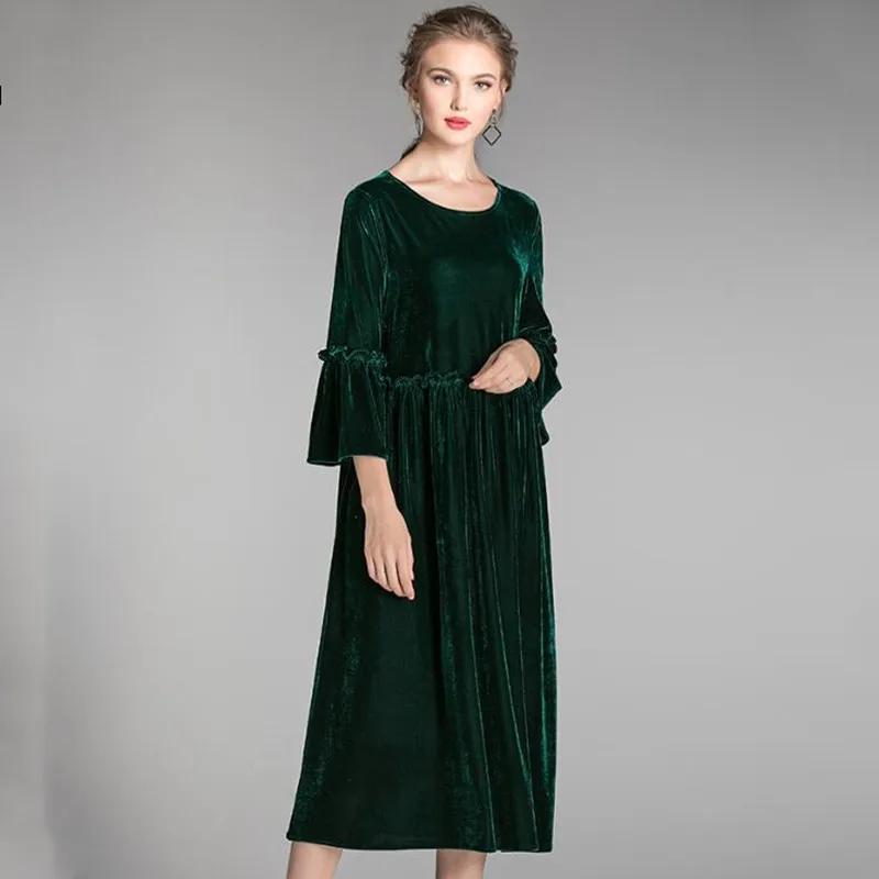 Robe en velours plissé à manches longues pour femmes, robe de soirée élégante, volants, printemps, automne, nouveau, 2024