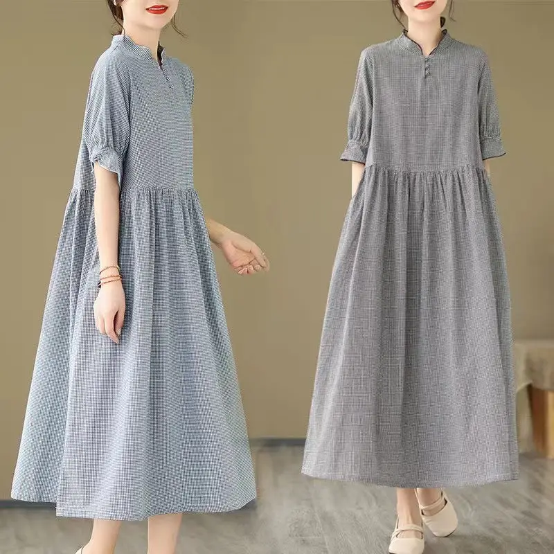 

2023 Retro Pan Button Dress Cotton Linen Qipao Standing Neck Women's Summer Short Sleeve Casual High Waist Plaid Dress Z1660