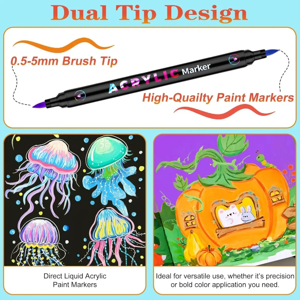Acrylic Paint Markers Pens,Dual Tip Dual-Color Brush Tips,Creative Coloring Markers for Rocks,Wood, Canvas,Stone,Fabric,Plastic