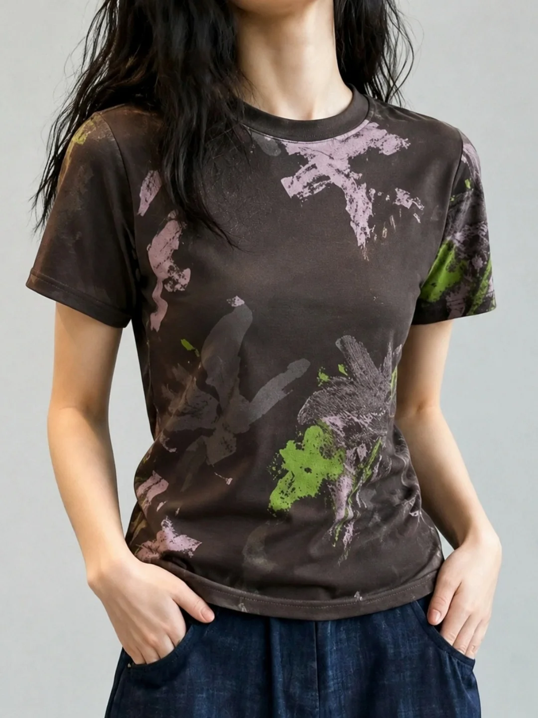 Slimming Gradient Print round Neck T-Shirt Women's Casual Summer Elegant Fashion Short Sleeve Top Flower Cardi Straight Cut