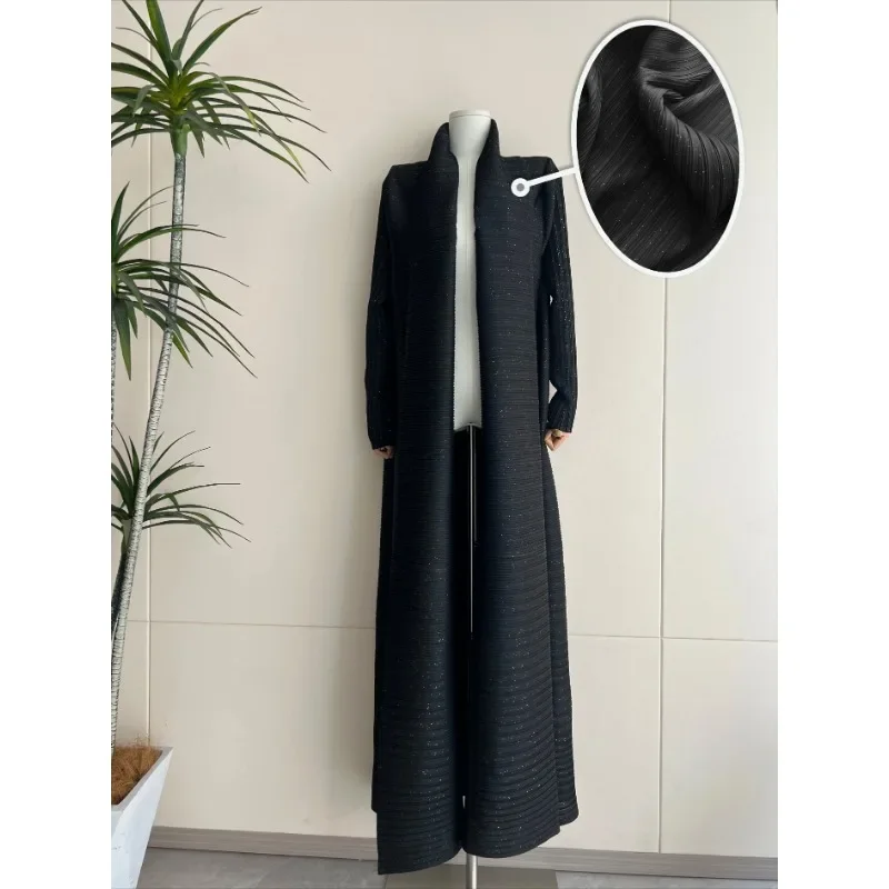 GGHK Pleated Women Luxury Robe Lapel Solid Color Vintage Cardigan Loose Large Size Original Design Arabian Female Abaya 2025