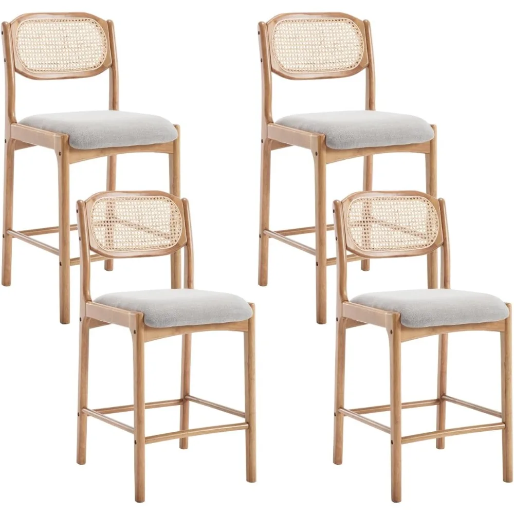 Rattan Counter Height Bar Stools Set of 4 Farmhouse Mid Century Modern Barstools with Cane Back/Wood Legs Linen Upholstered Bar