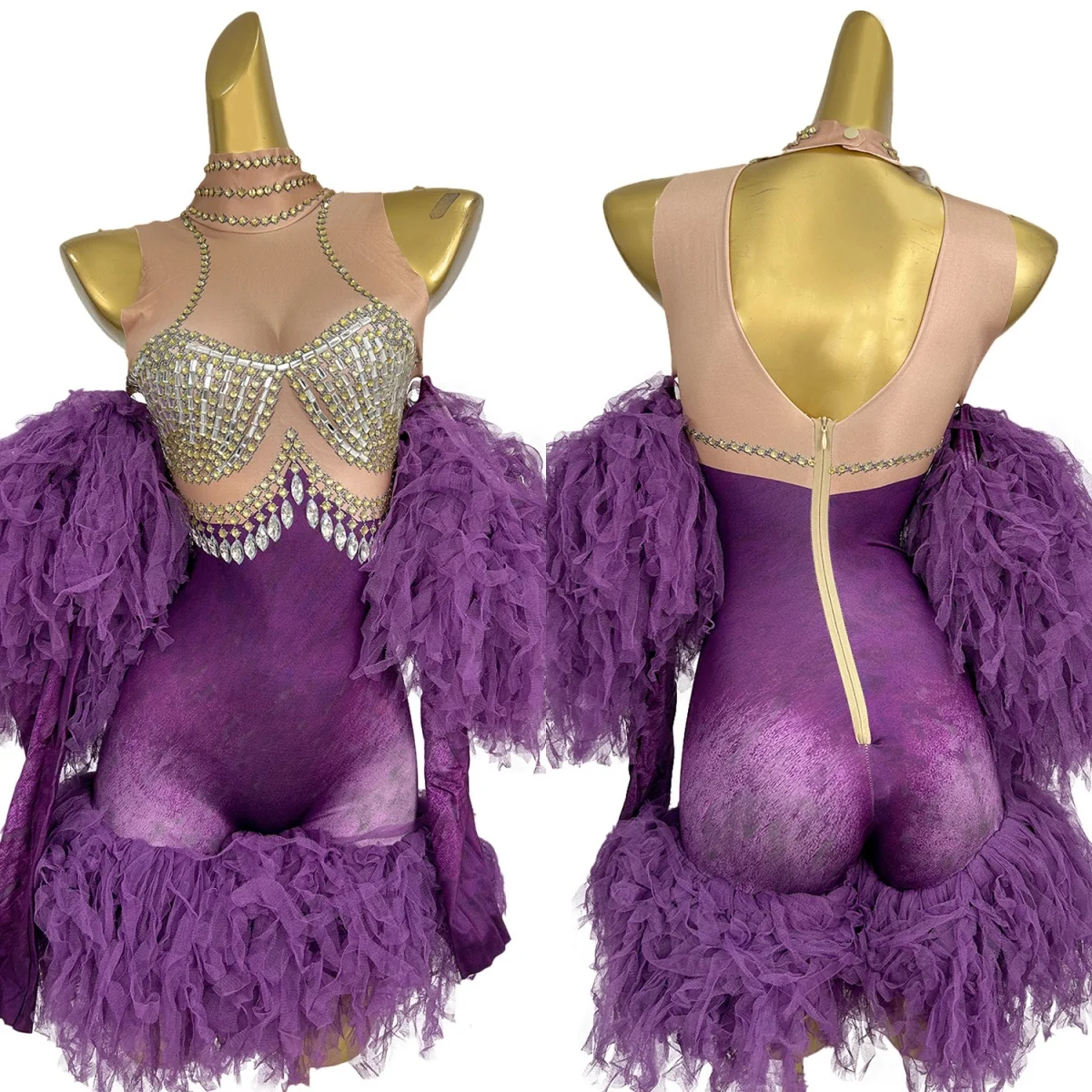 

Модный фиолетовый комбинезон со стразами и спандексами, с открытыми плечами и длинными рукавами, марлевая одежда для ночного клуба, одежда для выступлений, праздничный наряд