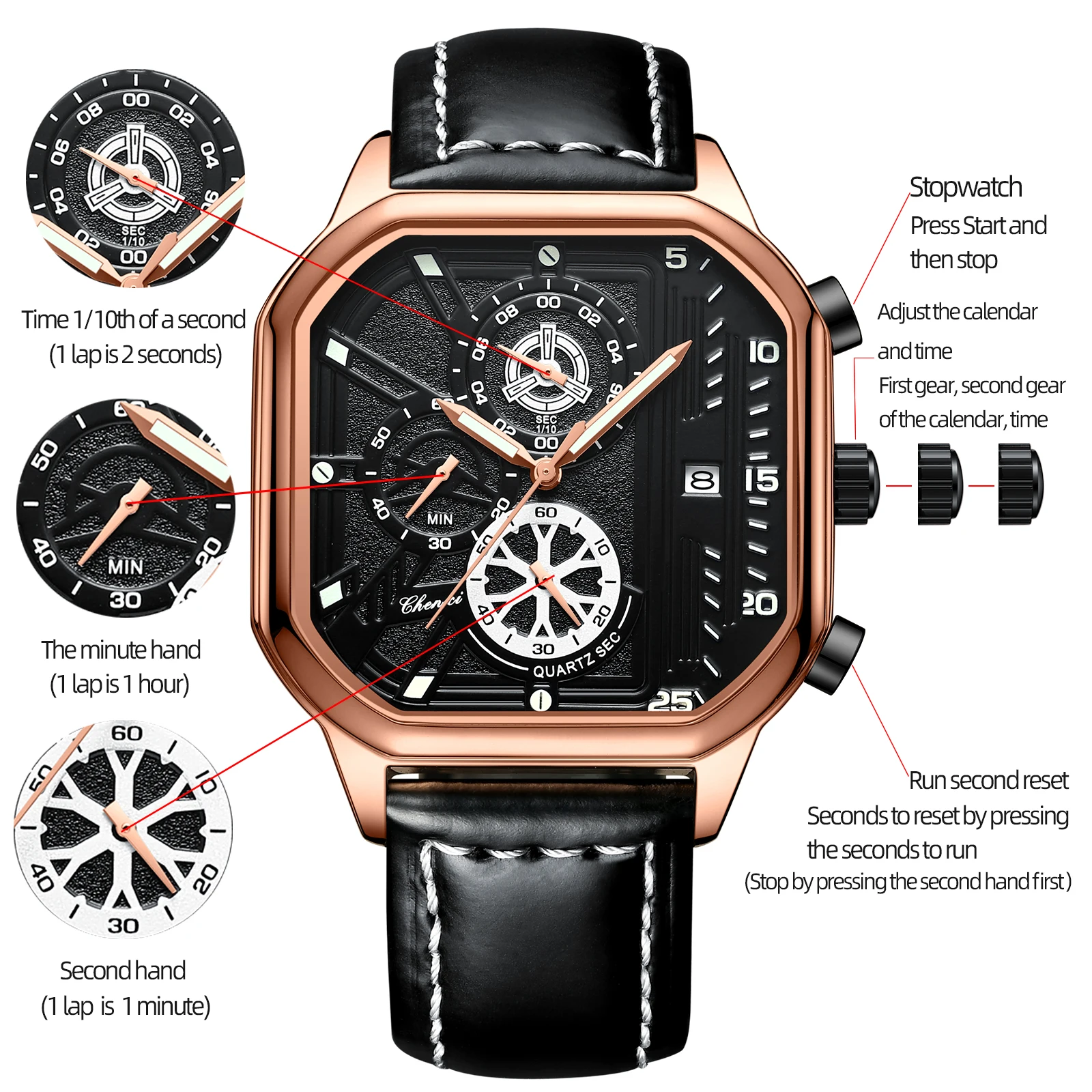 Mens Watch CHENXI Luxury Brand Chronograph Leather Square Quartz Wristwatch Fashion Waterproof Calendar Luminous Watches For Man