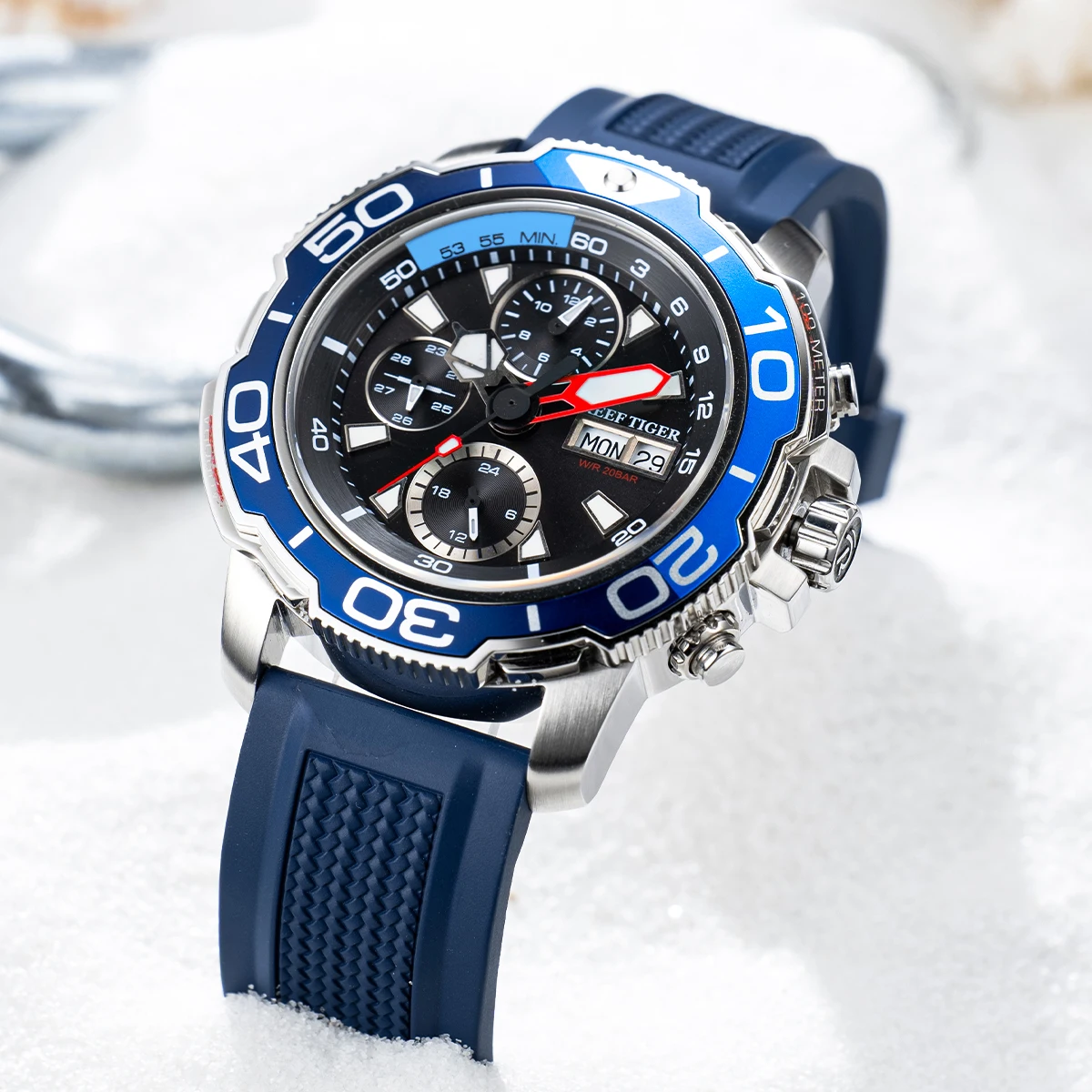 Reef Tiger New Style Stalker Multi-functional Mechanical Watch 45mm Blue Dial Luminous Waterproof Rubber Automatic Rejos RGA3053