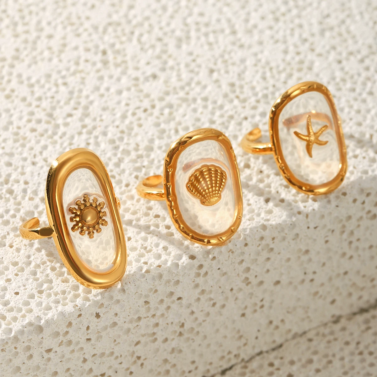 황차오 오벌 18k 금도금 스테인리스 스틸 반지 럭셔리 오션 스타일 주얼리 럭셔리 참 주얼리 액세서리 여성용 선물