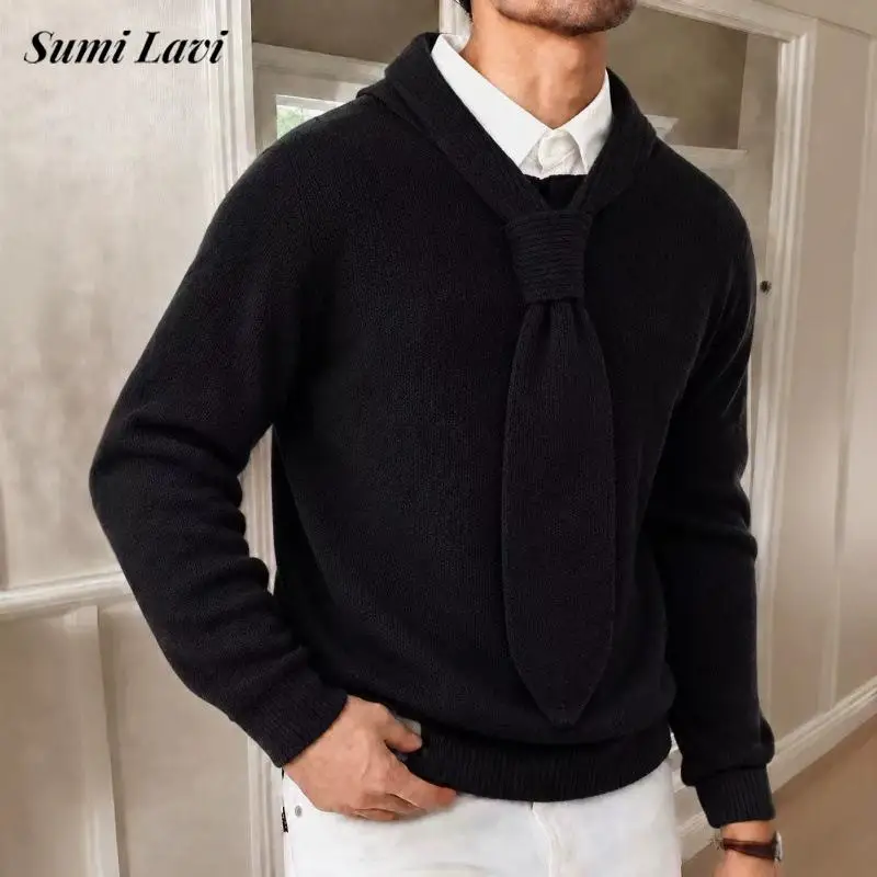 Fashion Men Knitted Pullover Sweater Autumn Winter Stand Collar Solid Color Attached Tie Daily Casual Mens Stylish Knit Tops Men