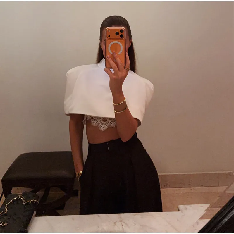 Elegant Cropped Shawl Tops Women's Short Sleeves Stand Collar Coat With Shoulder Pad 2026 New Ladies Spring Summer Solid Outwear
