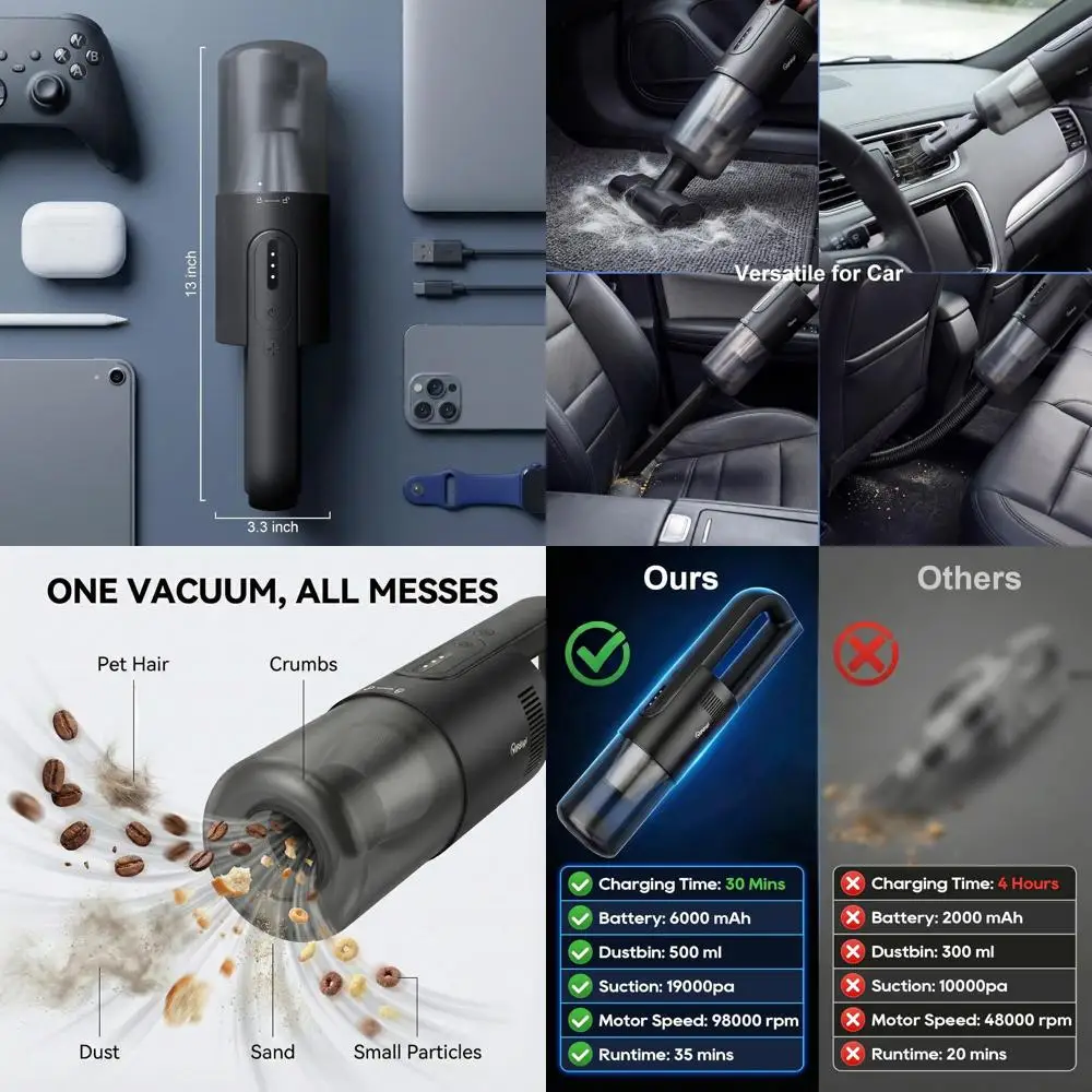 

Cordless 5-in-1 Handheld Vacuum, 30-Minute Use, 19000Pa Suction, 4 Nozzles, Black