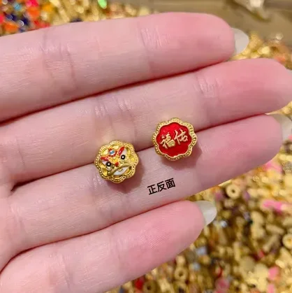 

trendy jewelry 999 real gold lion dance charms 24k pure gold loose beads diy hand strings