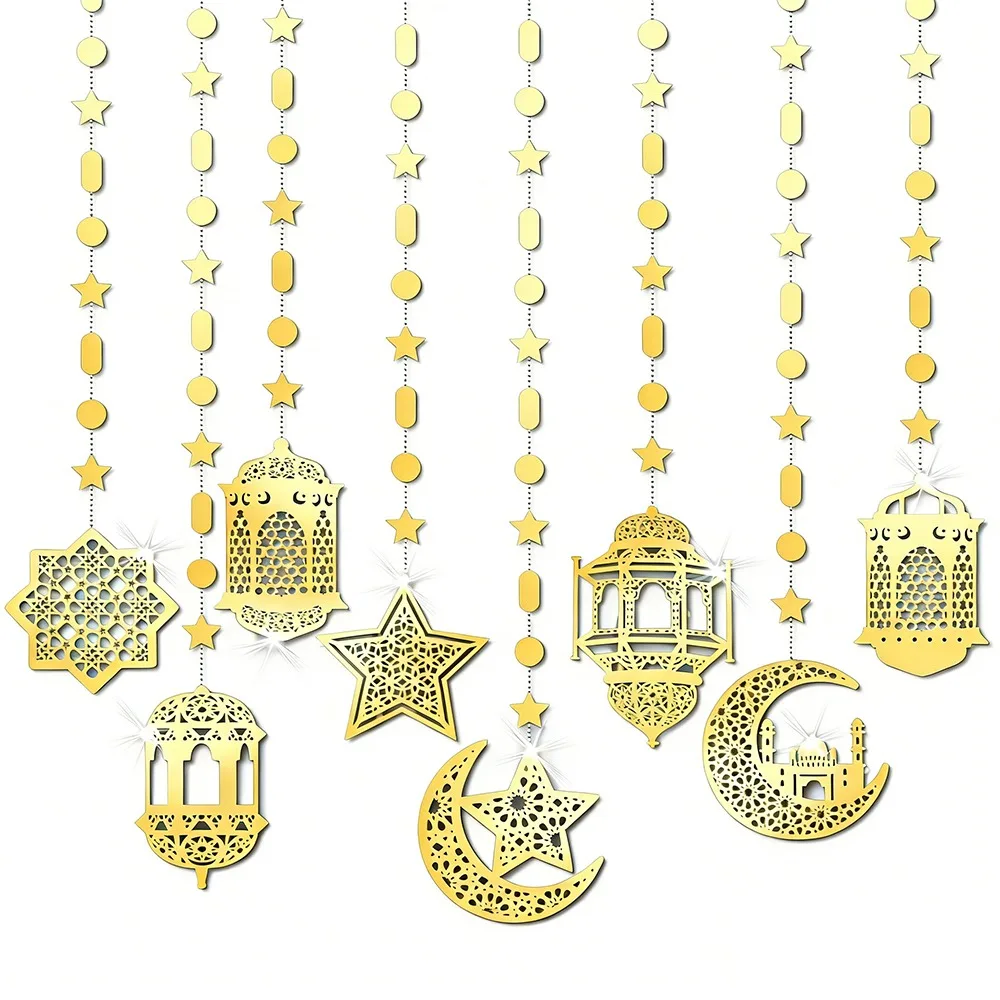 

Gold Silver Eid Mubarak Banners DIY Paper Pull Flag Ramadan Kareem Decor Ceiling Hanging Glitter Paper Hang Garland