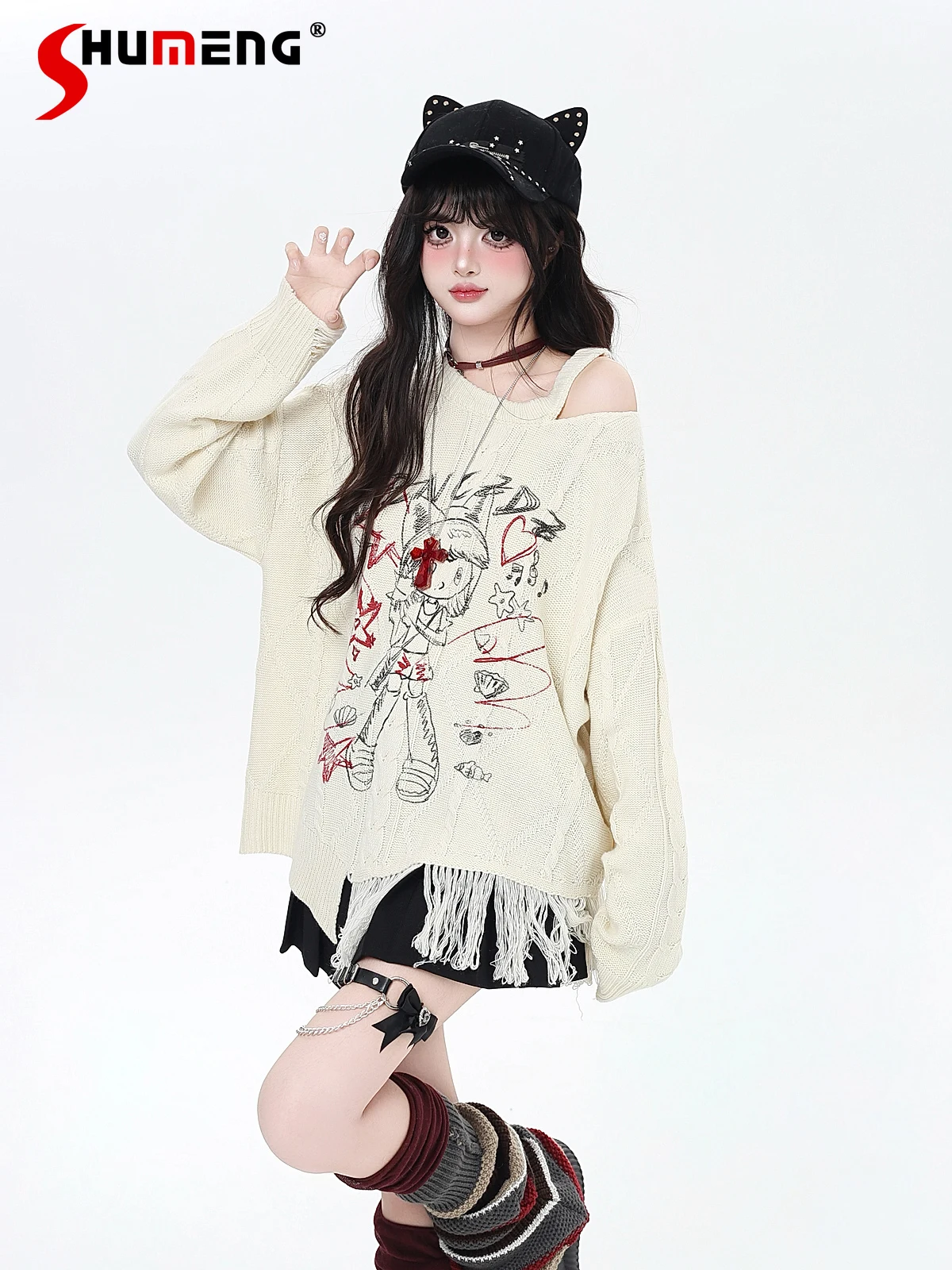 

Sweet Cool Girl Round Neck Off-Shoulder Long Sleeve Oversized Pullovers Tassel Cartoon Print Loose Knitted Sweater Women Autumn