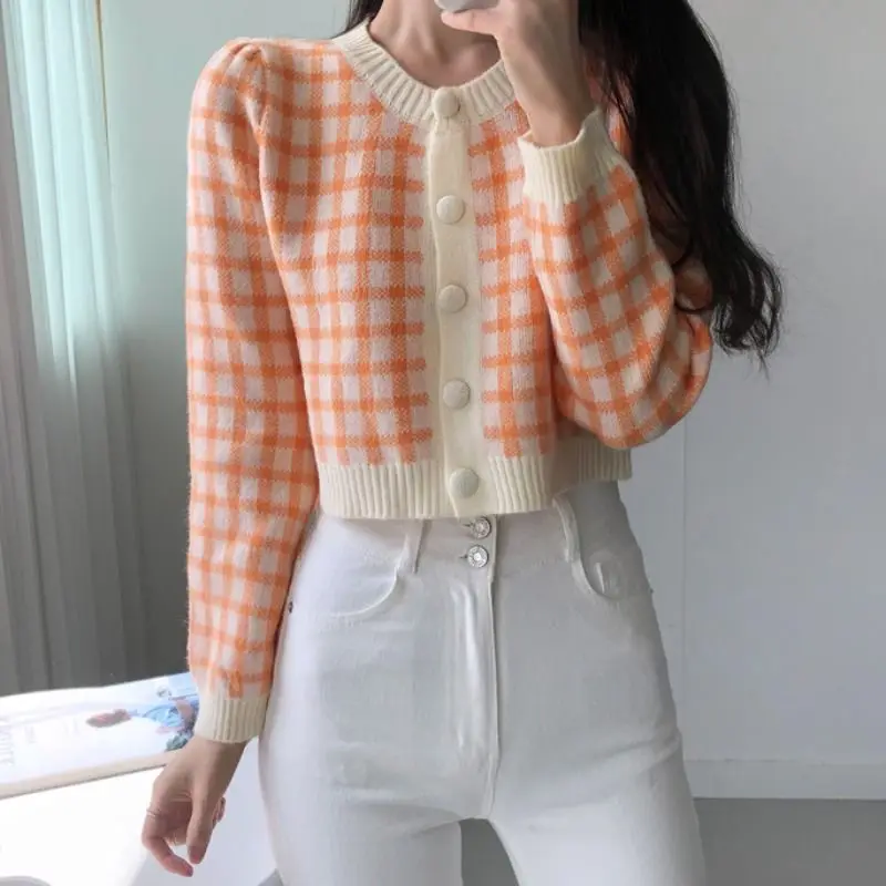 Korean Style Chic Early Autumn New Item Gentle Style Temperament Color Blocked Round Neck Short Length Long Sleeved Checkered