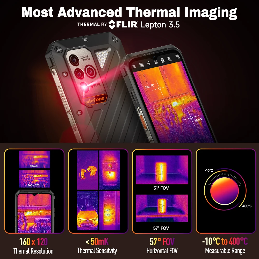 Teléfono resistente Ulefone Power Armor 18T Ultra 5G 512 GB de ROM + 24 GB de RAM Cámara de imágenes térmicas Teléfono inteligente THERMAL BY FLIR®