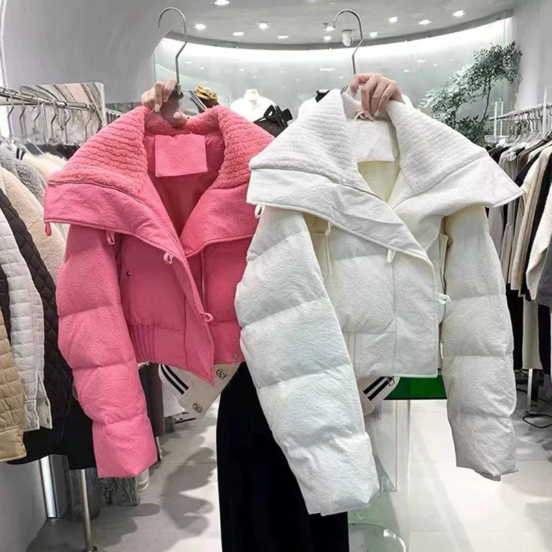 

Элегантные теплые женские зимние утепленные парки, корейская мода, короткие пальто с вязаным воротником, универсальная верхняя одежда на молнии, новинка 2023 года, модная