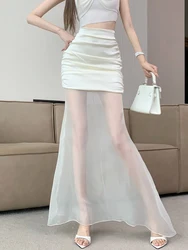 Stain Apricot Half length Skirt for Women's Summer Thin Design with Mesh Splice High Waist A-line Wrapped Hip Skirt