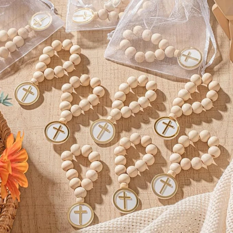 5Pcs First Holy Communion Favors Rosary Beads with Cross Crucifix Keychain with White Organza Bag Baptism Favors